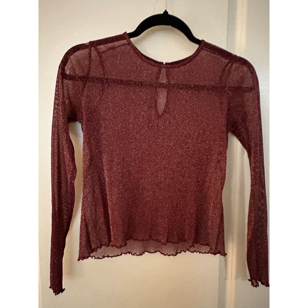Shein Burgundy Sheer Ruffle Edge Long Sleeve Sparkly Layer